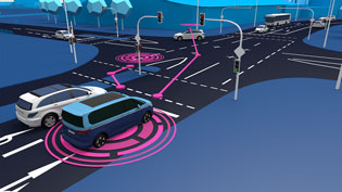 3D animation sensor technology smart city - Test vehicle approaching traffic lights