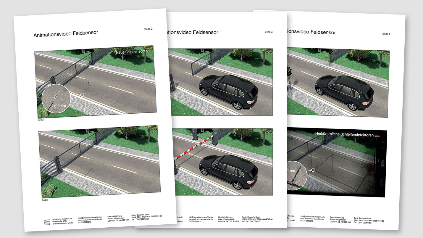 Example storyboard for a 3D animation for sensor technology and sensor systems