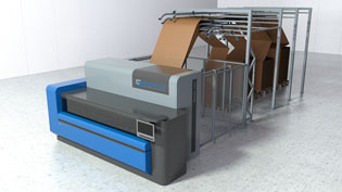 Visualization 3D animation packaging machine - carton cutting machine - General view of the system with corrugated board on pallets