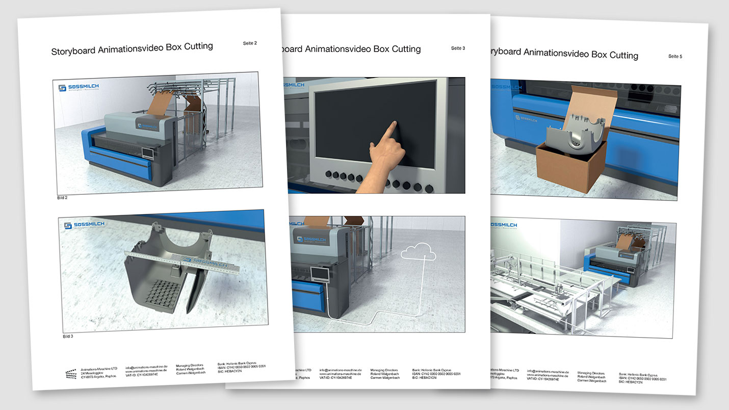 Example storyboard for a 3D animation of a packaging machine