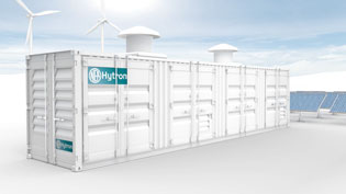 Visualization 3D animation hydrogen production plant - Sea container in front of wind turbines and solar plant
