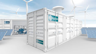 Visualization 3D animation hydrogen production plant - General view with second 40-foot sea container