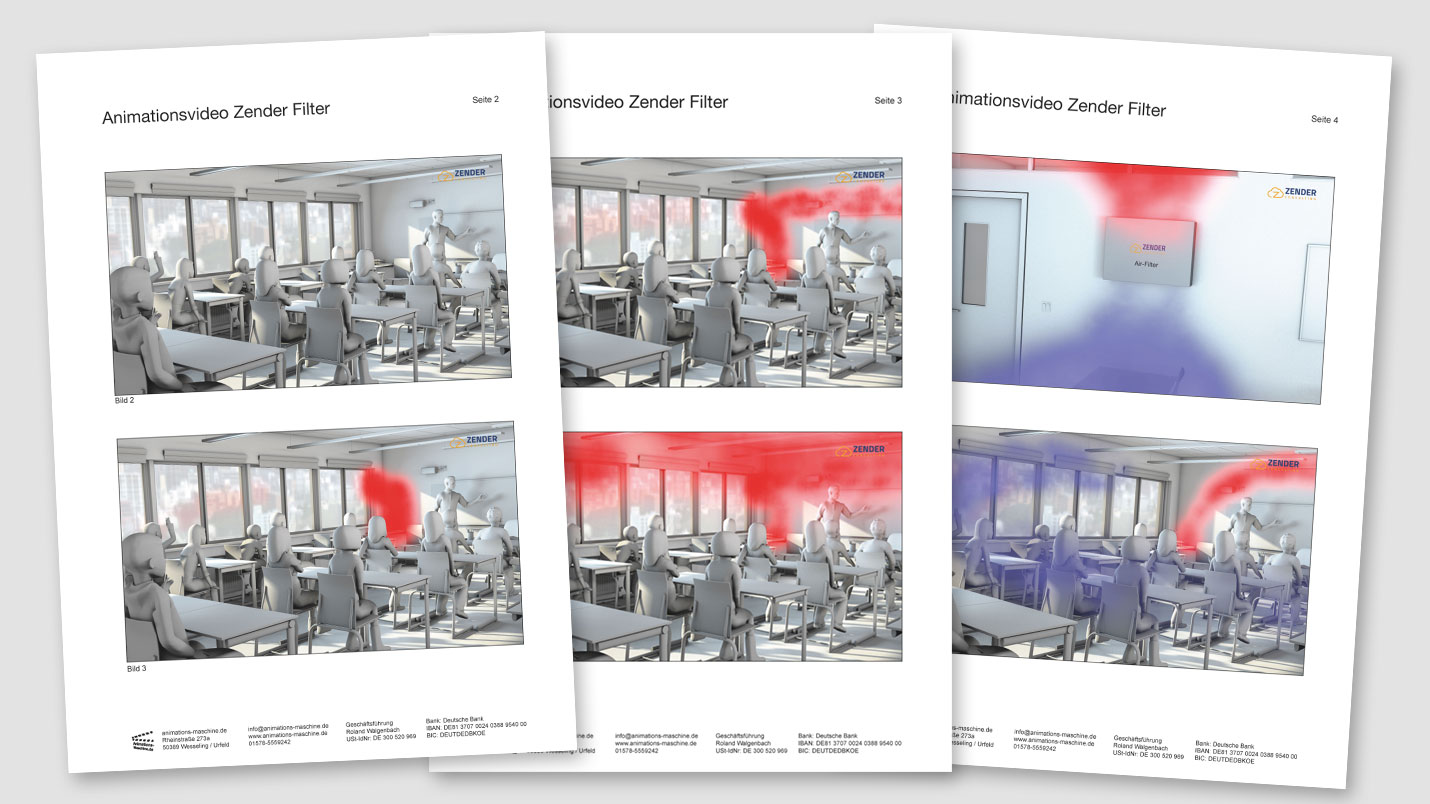 Example storyboard for a 3D animation video simulation aerosols