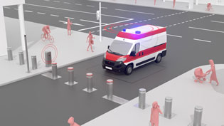 3D animation bollard control: Ambulance detected via emergency radio override