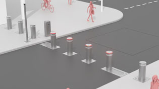 3D animation bollard control: Bollards secure downtown pedestrian perimeter
