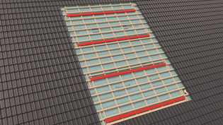 3D installation image of in-roof solar system - important roof battens are highlighted