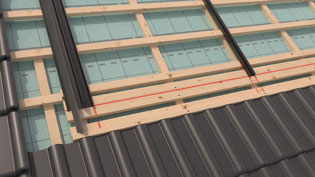 3D installation image of in-roof solar system - aluminum frame components are positioned