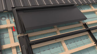 3D installation image of in-roof solar system - upper flashing is inserted