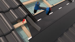 3D installation image of in-roof solar system - lower frame is screwed into place