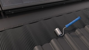 3D installation image of in-roof solar system - corrugated sheet is pressed down