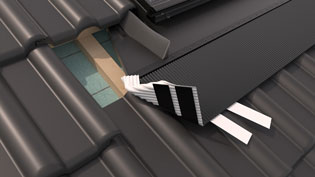 3D installation image of in-roof solar system - protective flashing is glued in place