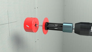 Illustrated operating manual with 3D visualizations of tools - Install the countersink and hole saw