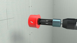 Illustrated operating manual with 3D visualizations of tools - Hole saw fully mounted and centered