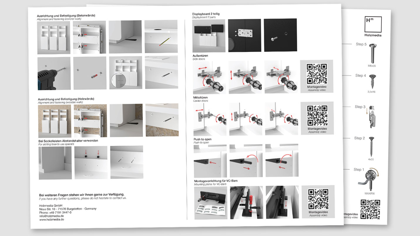 Example assembly instructions for a 3D assembly guide for a mobile media column