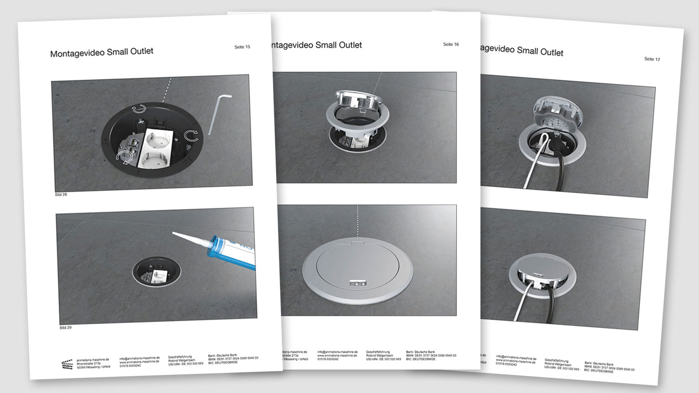 Example storyboard for a 3D assembly video of a floor outlet