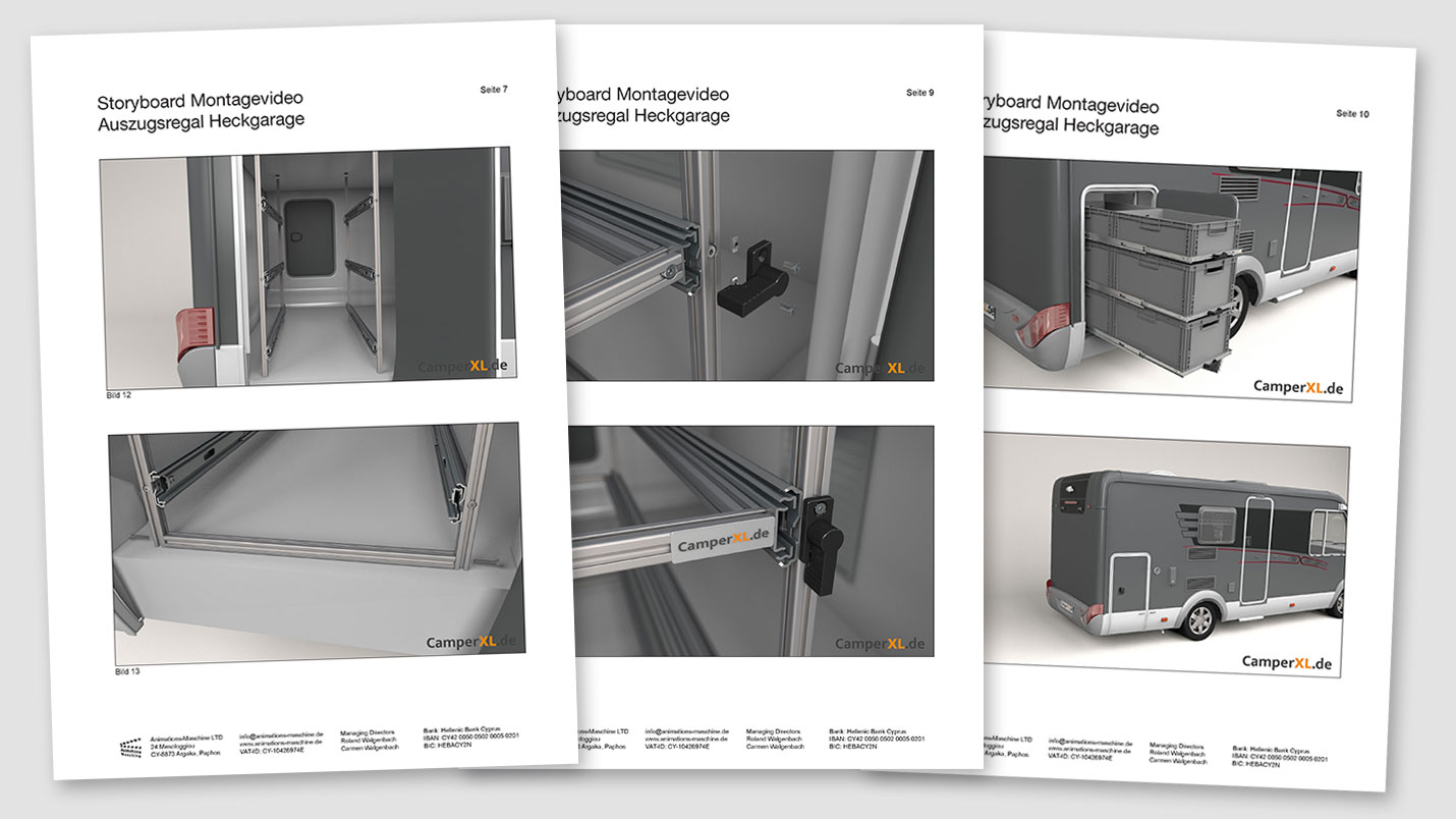 Example storyboard for 3D assembly video of pull-out shelves