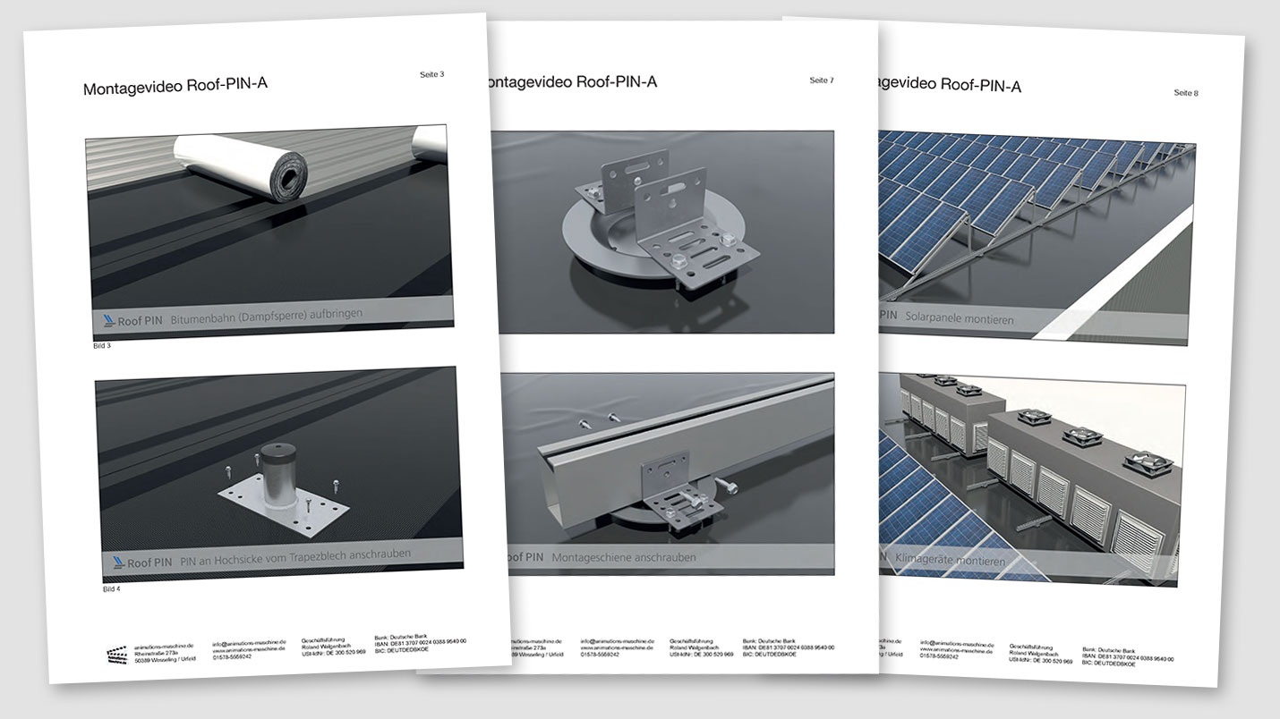 Example storyboard 3D assembly video mounting system for elevated roof construction