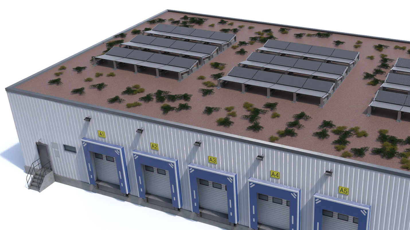 3D model of a solar installation on an industrial flat roof