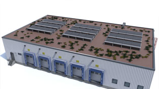 3D Assembly Image Photovoltaics - Solar System on a Green Flat Roof