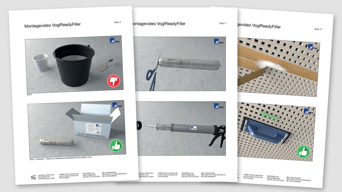 Example storyboard for a 3D assembly video of a joint filler