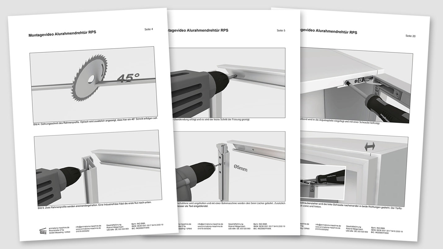 Example storyboard for a 3D assembly video of aluminum frame revolving door