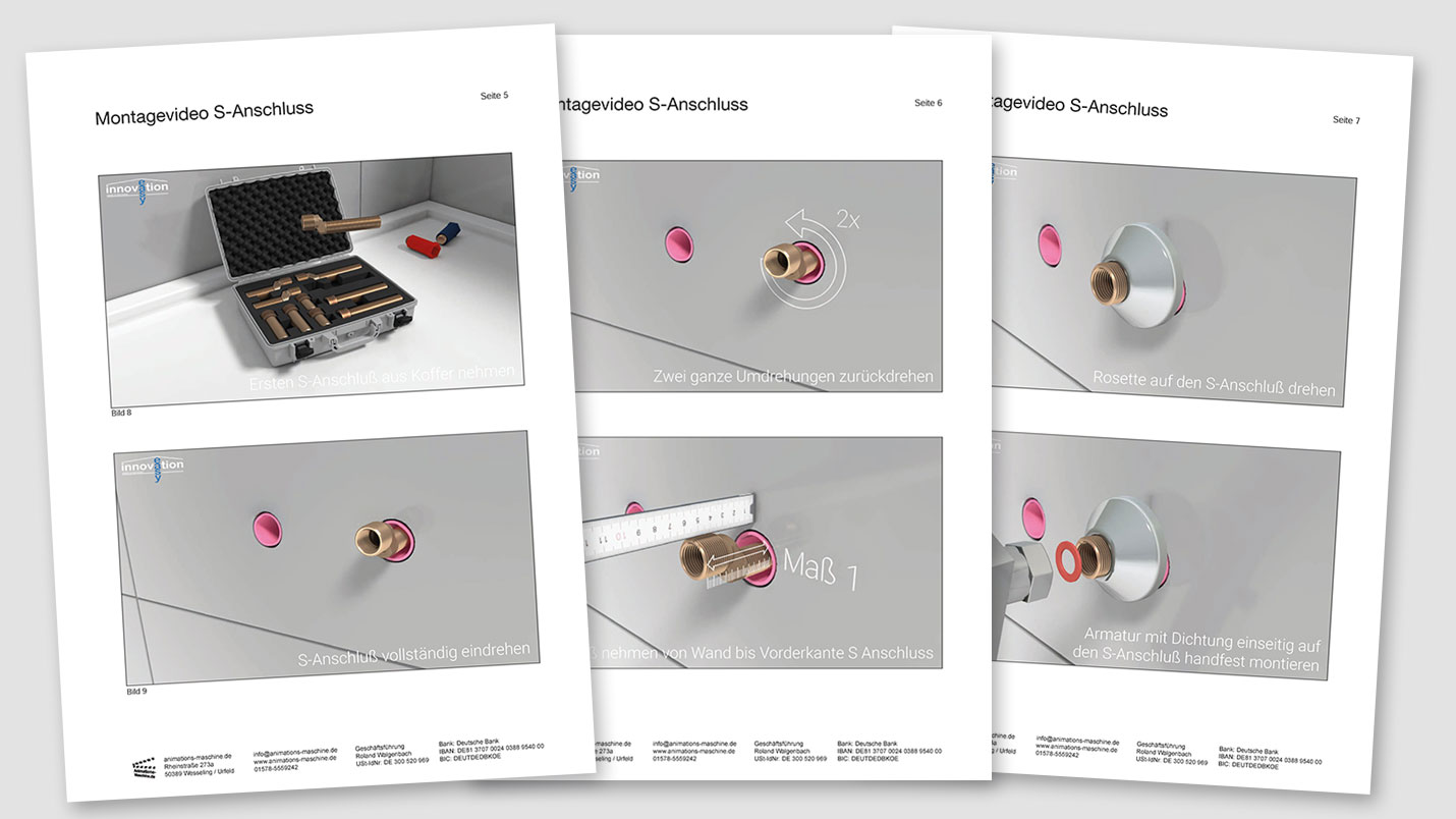 Example storyboard for a 3D mounting video sanitary installation