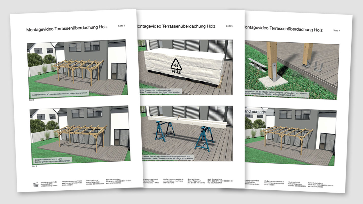 Example storyboard for a 3D assembly video of a terrace roofing
