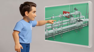 Visualization 3D explainer video with AI generated comic character - Shows something on the monitor
