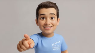Visualization 3D explainer video with AI generated comic character - Request with index finger