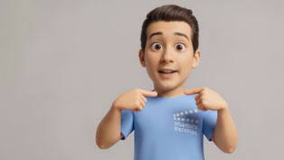 Visualization 3D explainer video with AI generated comic character - Points at himself