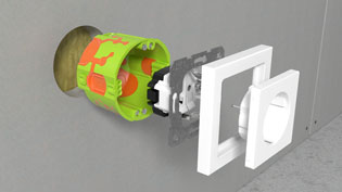 3D Visualization Building Installation - Exploded view of cavity wall box with electrical outlet