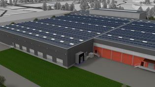 3D visualization of company building - Production halls with solar roof