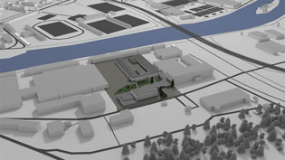 3D visualization of production facility - Aerial view of the city on the river